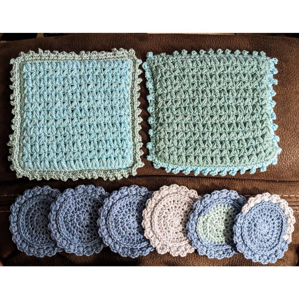 Hand Crocheted 100% Cotton Aqua Teal, Blue Colorblock Potholder Coaster Set